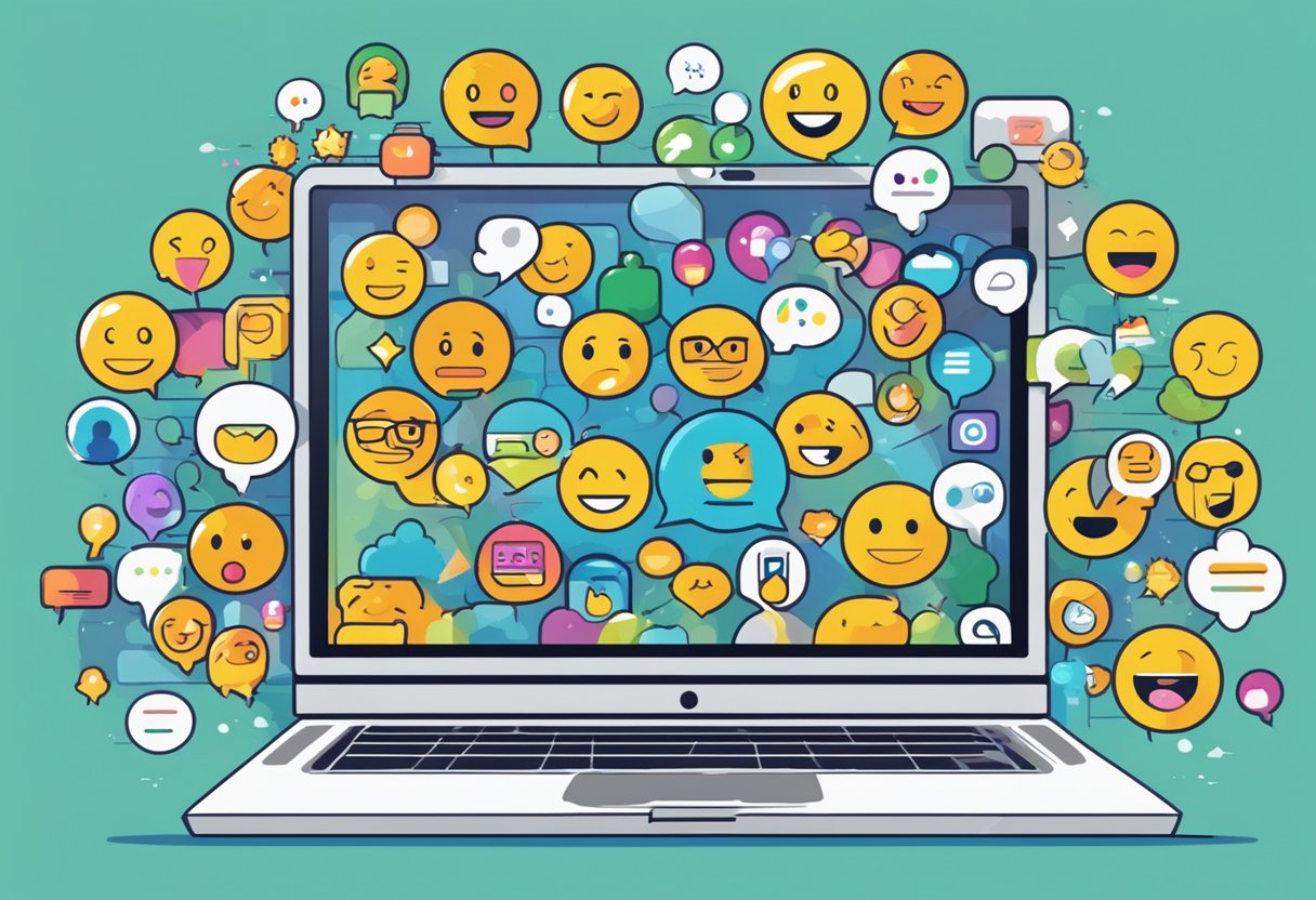 A computer screen displays a vibrant online community with various avatars interacting in a lively discussion. Emojis and text bubbles fill the screen, showcasing high levels of engagement