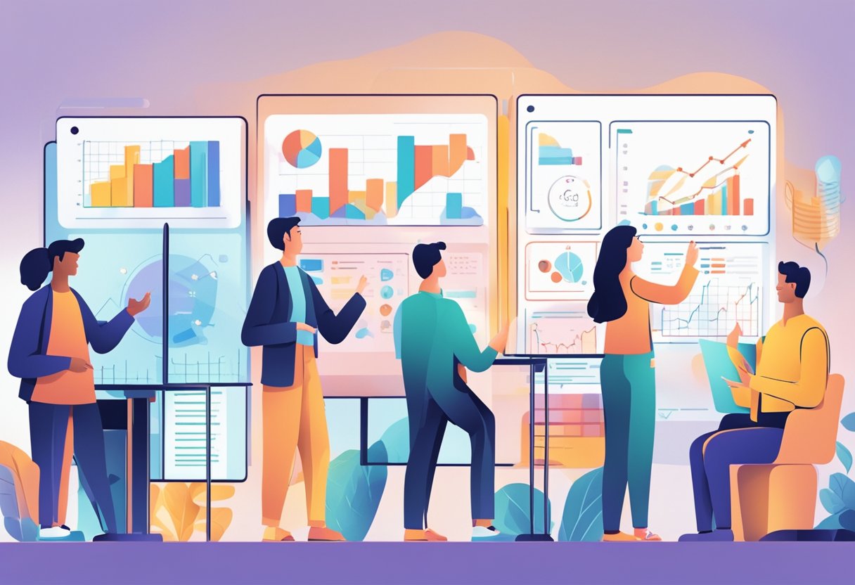 A group of people engaged in a lively discussion about AI, gesturing and pointing at a screen displaying graphs and charts