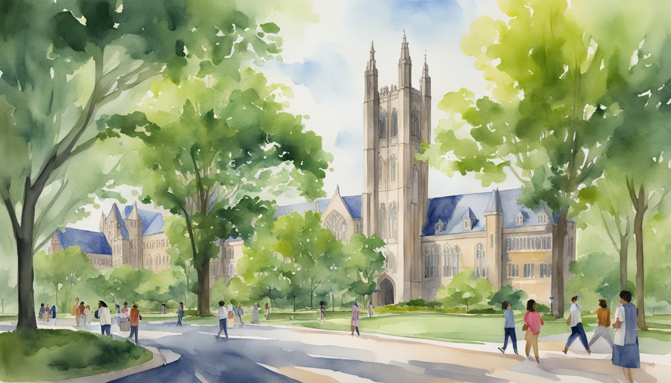 A bustling campus with students studying, labs conducting experiments, and medical facilities providing care.</p><p>The iconic Duke University buildings stand proudly amidst the lush greenery