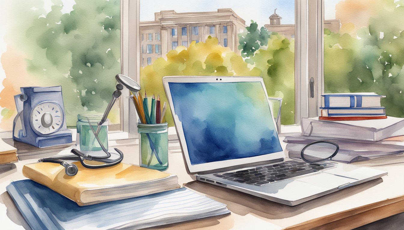 A desk with a laptop, textbooks, and notes.</p><p>A stethoscope and medical equipment nearby.</p><p>A college campus in the background