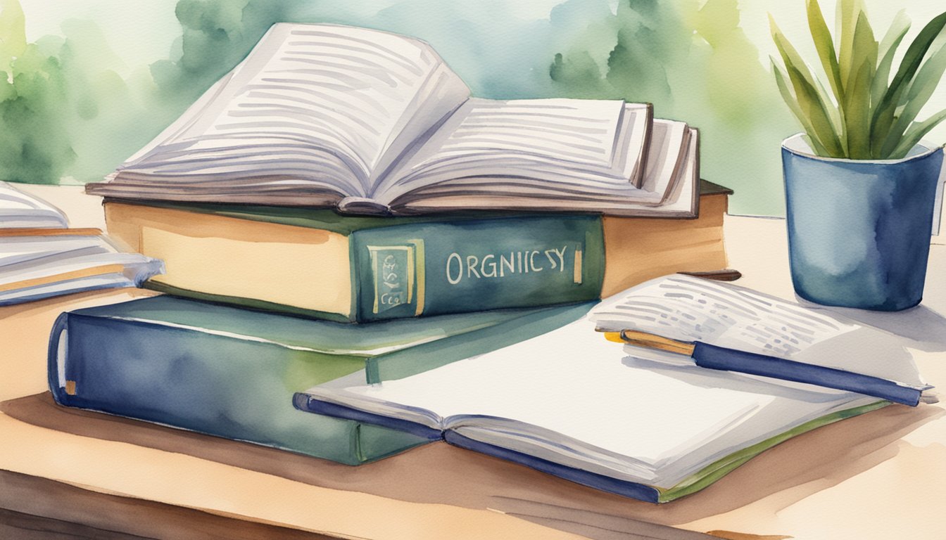 A stack of books on a desk, with titles like "Organic Chemistry" and "Biology Textbook." A laptop open to a website listing the "10 Top Colleges for Pre-Med Students." A notebook with handwritten notes