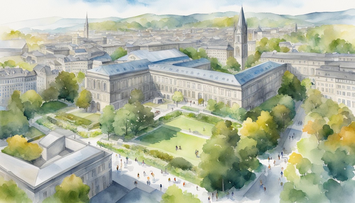 ETH Zurich's campus, with modern buildings and green spaces, bustling with diverse international students studying and interacting