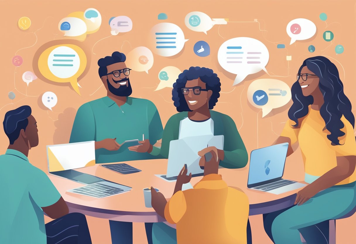 A group of diverse people engage in lively conversation around a virtual discussion board, sharing ideas and insights. Various text bubbles and emojis illustrate the exchange