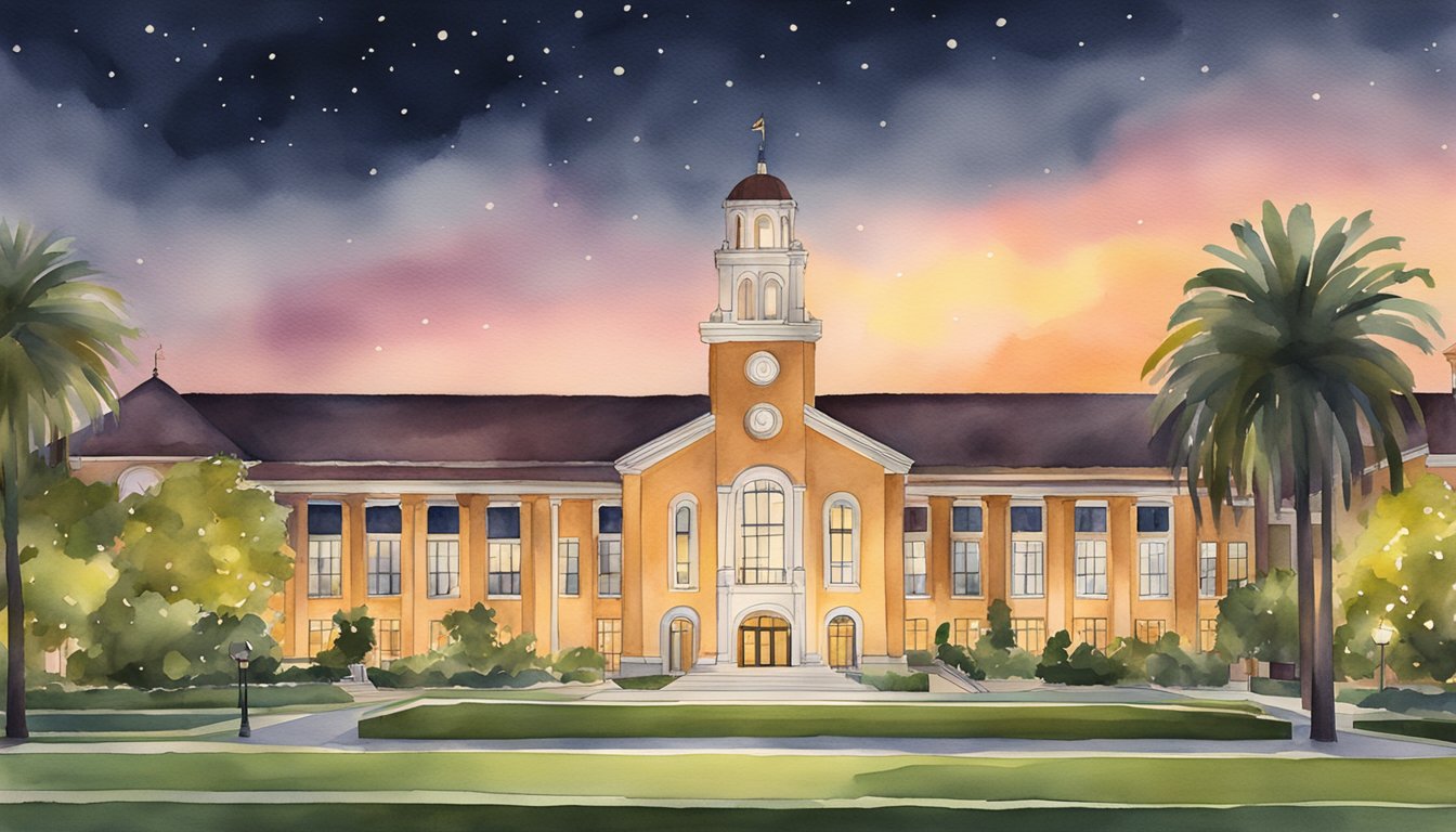 Santa Clara University Law School at night, with illuminated buildings and a clear sky