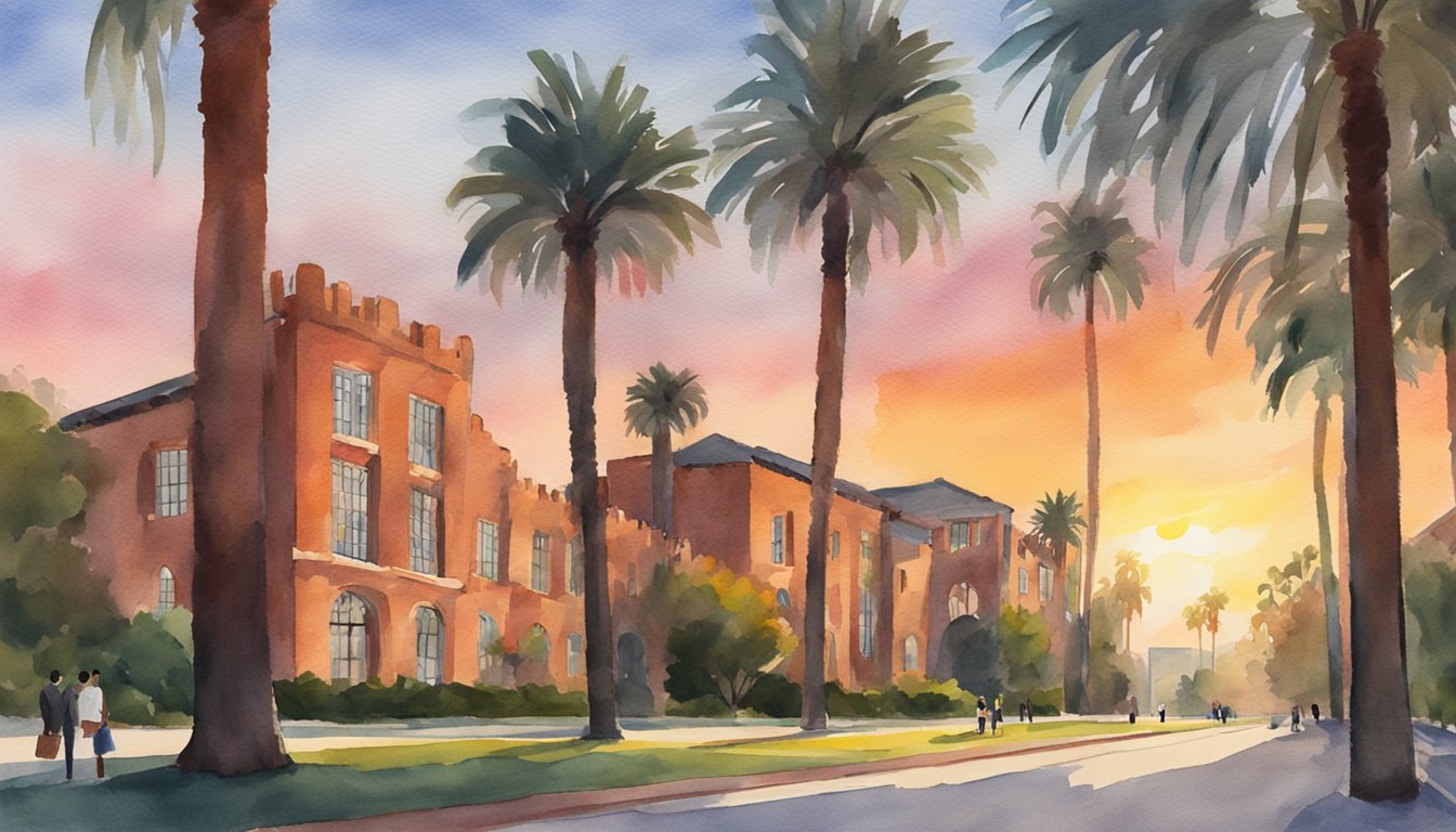 The sun sets behind the iconic red brick buildings of Loyola Law School in Los Angeles, casting a warm glow over the campus.</p><p>Tall palm trees sway gently in the evening breeze as students hurry to evening classes