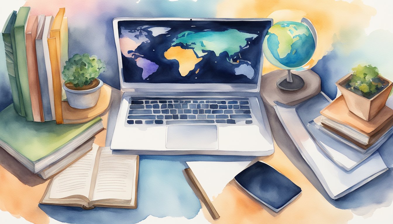 A laptop surrounded by books, a globe, and a notepad.</p><p>A diverse group of students engaging in virtual discussions and online lectures.</p><p>A sense of connectivity and accessibility