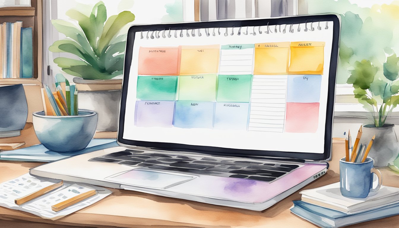 A desk with a laptop, books, and a calendar.</p><p>A customizable study plan with 11 benefits of online college displayed on the screen