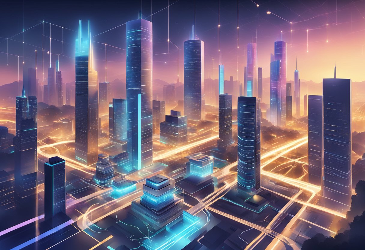 A futuristic cityscape with interconnected digital networks and AI-powered infrastructure. Bright lights and sleek, modern architecture symbolize the evolving landscape of AI technology