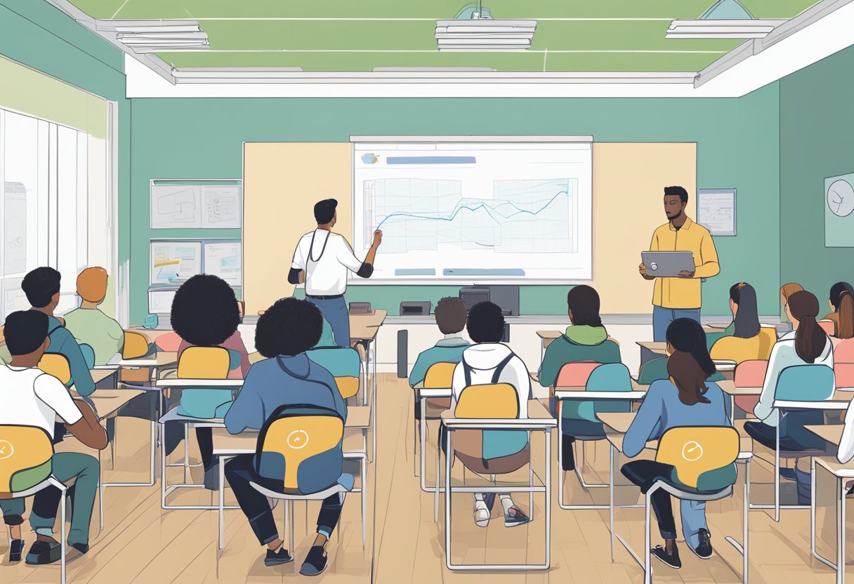 Students engage with AI technology in a classroom setting, discussing its impact on education. Computer screens and interactive tools are present