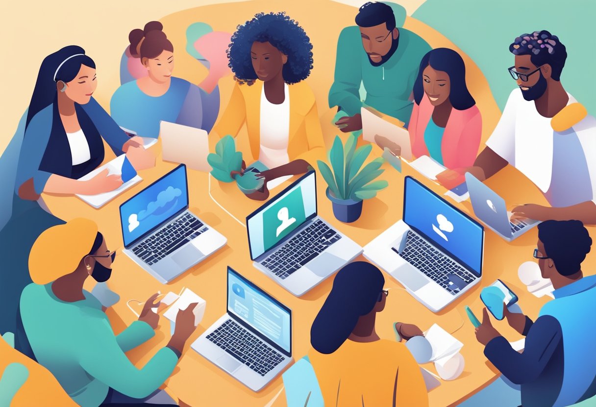 A diverse group of people engage in lively discussions on various social media platforms, sharing ideas and building connections within a vibrant online community