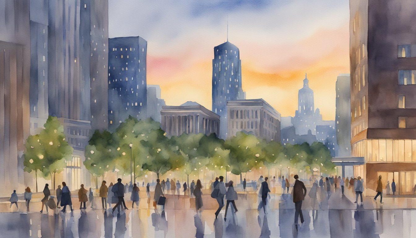 A bustling city skyline at dusk, with illuminated law school buildings and students walking to evening classes