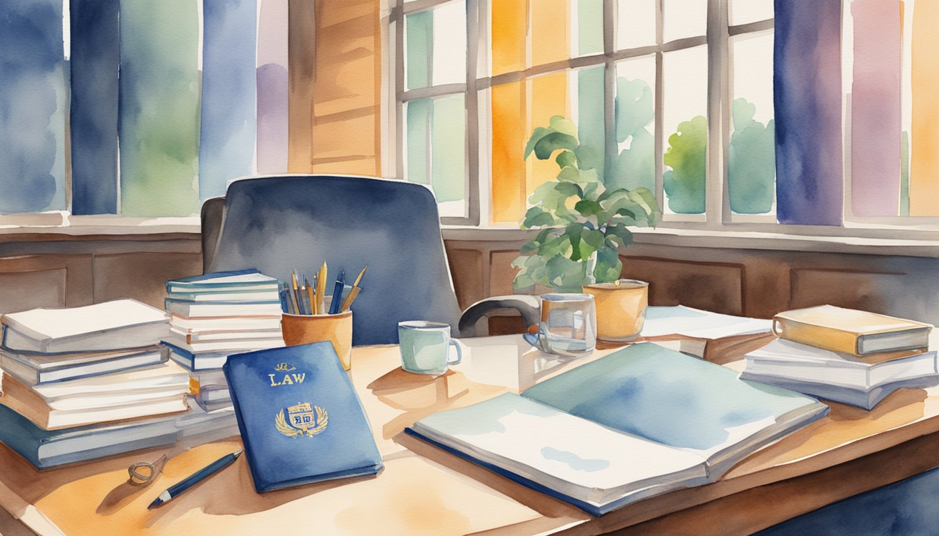 A table with 10 law school logos, textbooks, and a schedule calendar