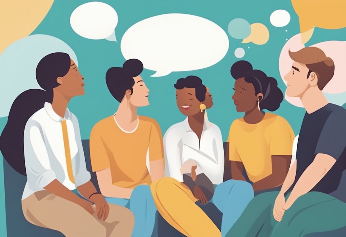 A group of people engage in conversation, gesturing and nodding in agreement. Speech bubbles and a thought bubble indicate active discussion