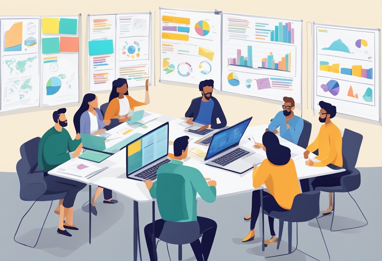 A table with open laptops, notebooks, and pens. Post-it notes with brainstormed ideas. A whiteboard with bullet points and diagrams. An engaged group of people in discussion