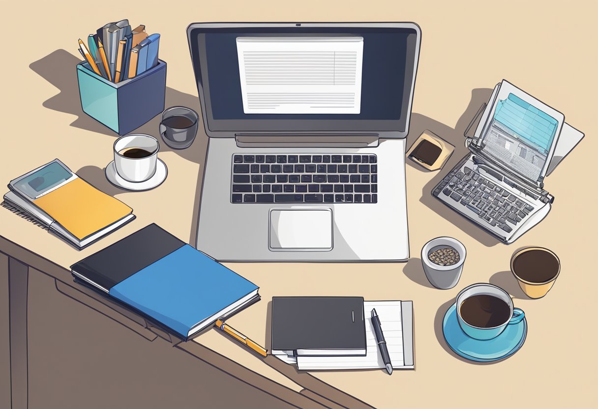 A desk with a laptop, notebook, and pen. A person's hand typing on the keyboard, with a cup of coffee nearby