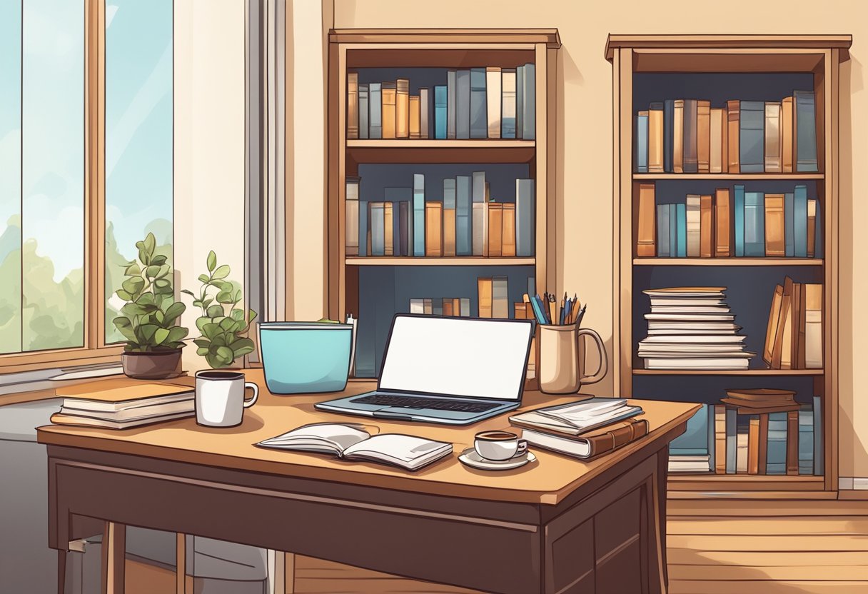 A desk with a laptop, notebook, and pen. A stack of books and a cup of coffee. A cozy, well-lit room with a bookshelf in the background