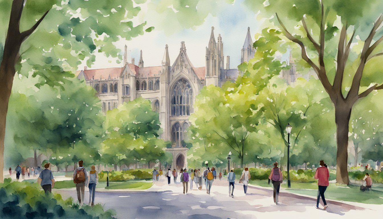 The University of Chicago's campus bustles with students, surrounded by historic buildings and lush greenery, creating a vibrant atmosphere for political science majors