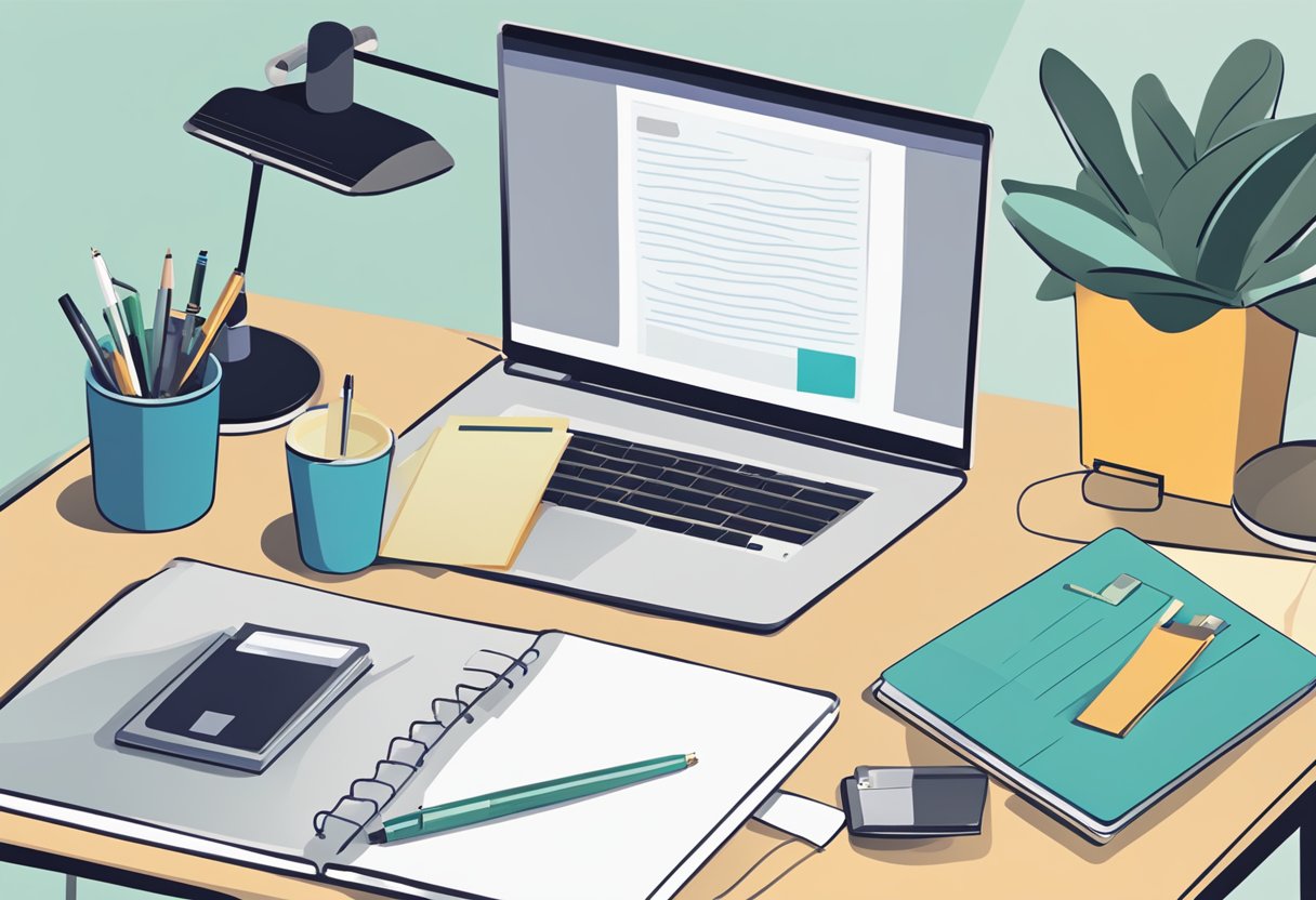 A table with two laptops, a notepad, and pens. One laptop displays a content discussion post, the other a tone discussion post. The scene is calm and professional