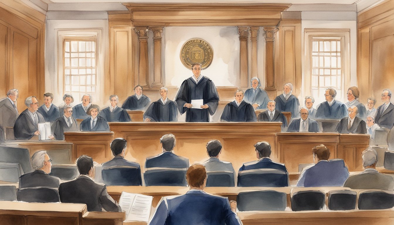 A courtroom with a judge presiding over a group of lawyers, all confidently presenting their cases.</p><p>A banner reading "High Bar Exam Pass Rates" hangs on the wall