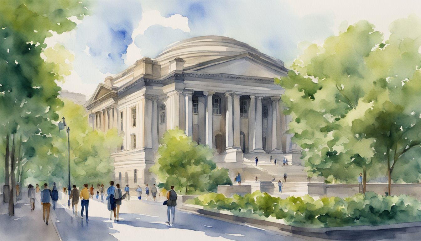 The Columbia University campus bustles with students walking between historic buildings and modern facilities, surrounded by lush greenery and iconic architecture