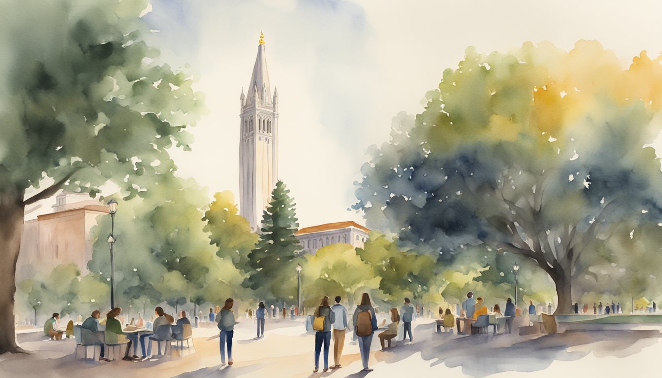 Students gather at UC Berkeley, discussing politics and studying in the historic campus library.</p><p>The iconic Campanile tower stands tall in the background