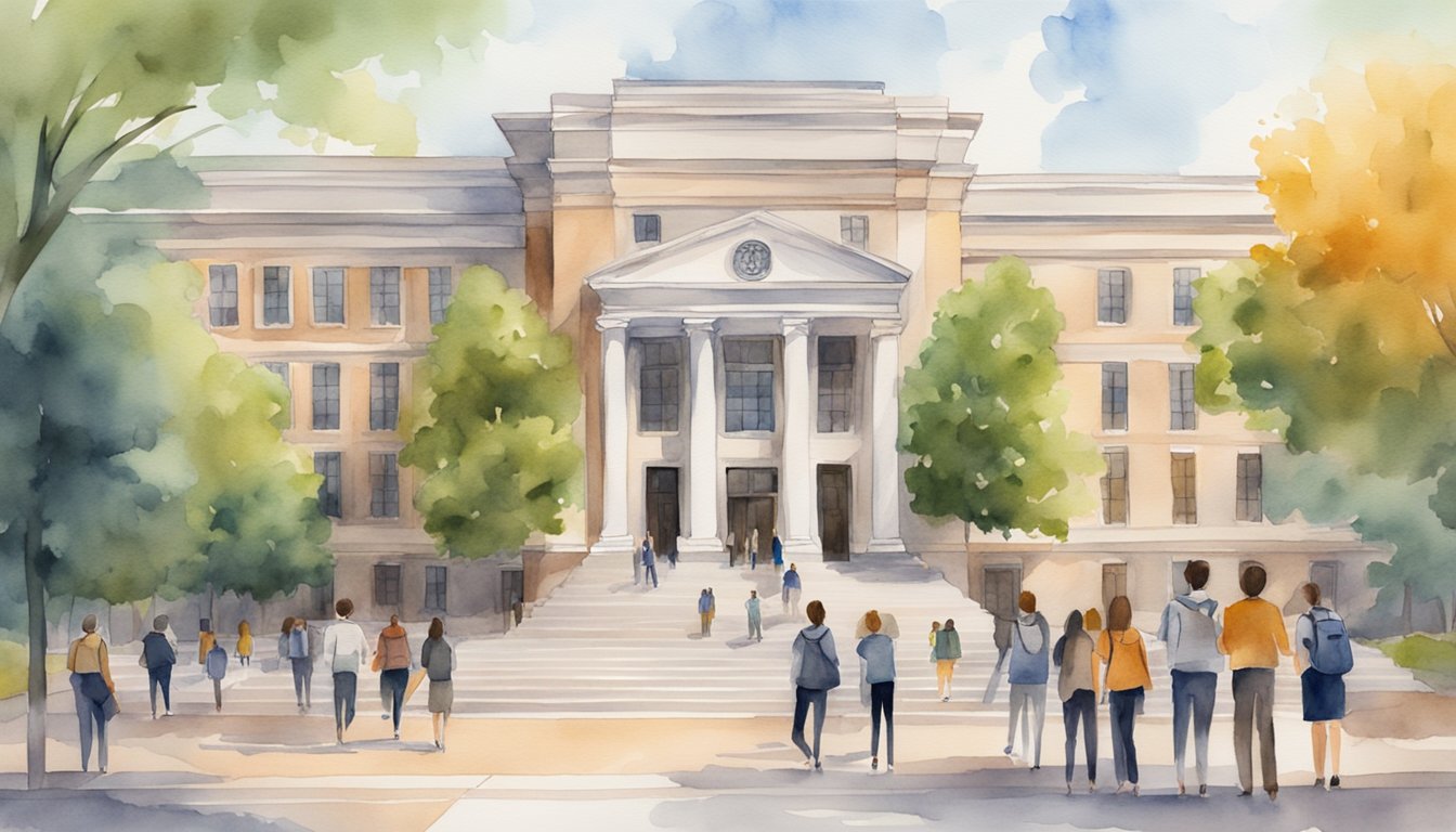 A law school building with a prominent accreditation plaque, surrounded by students engaged in various academic and extracurricular activities