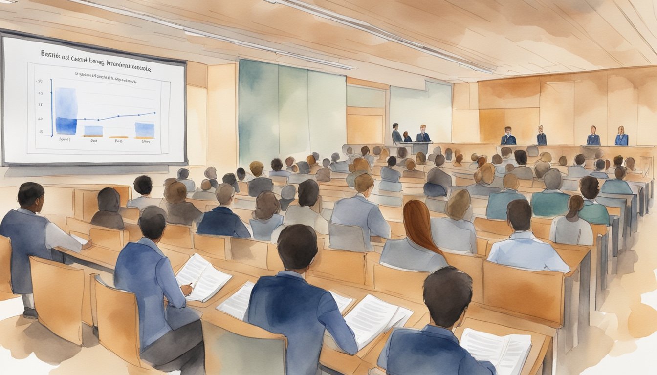 A group of students gather in a modern lecture hall, eagerly listening to a distinguished professor discuss the 11 benefits of attending a top-ranked business school.</p><p>Visual aids and charts are displayed on the large screen behind the professor, adding depth to the scene