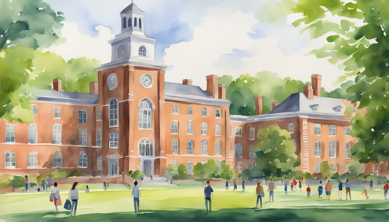 A bustling campus with iconic red brick buildings and lush green lawns, students engaged in lively discussions, and a prominent sign reading "Johns Hopkins University - 11 Best Colleges for Political Science Majors."