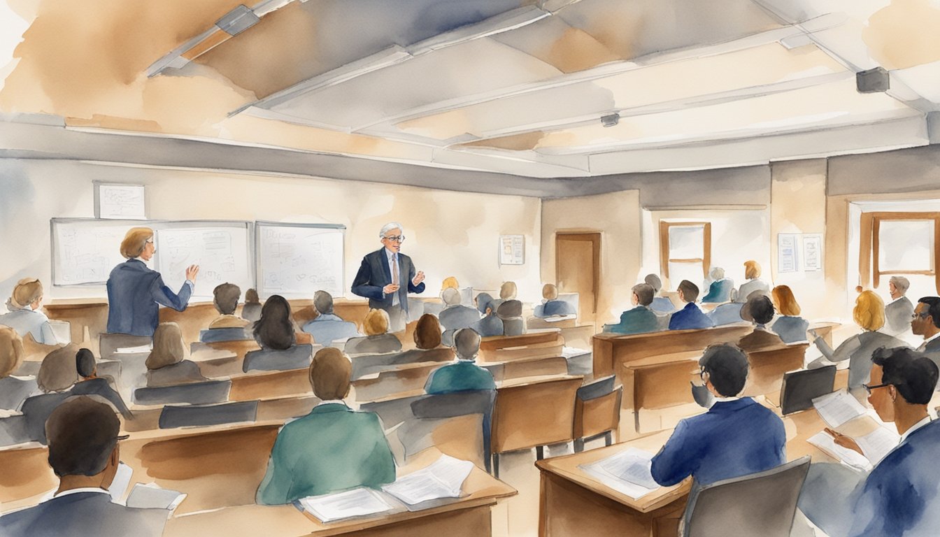 Renowned professors lecture in a law school classroom.</p><p>Students engage in discussions, take notes, and participate in interactive learning activities.</p><p>The atmosphere is professional and focused, with an emphasis on academic excellence