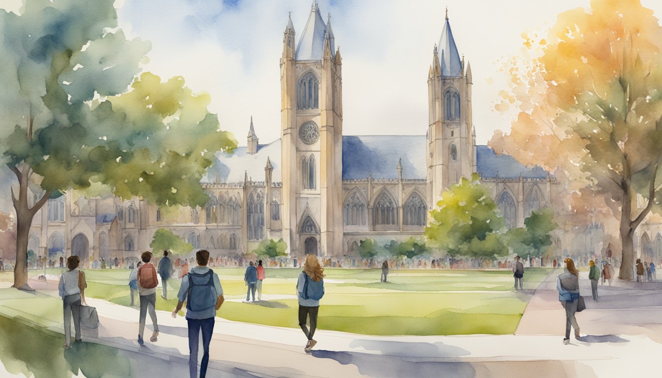 A bustling campus quad with Gothic architecture, students engaged in lively debates, and political science banners adorning the buildings