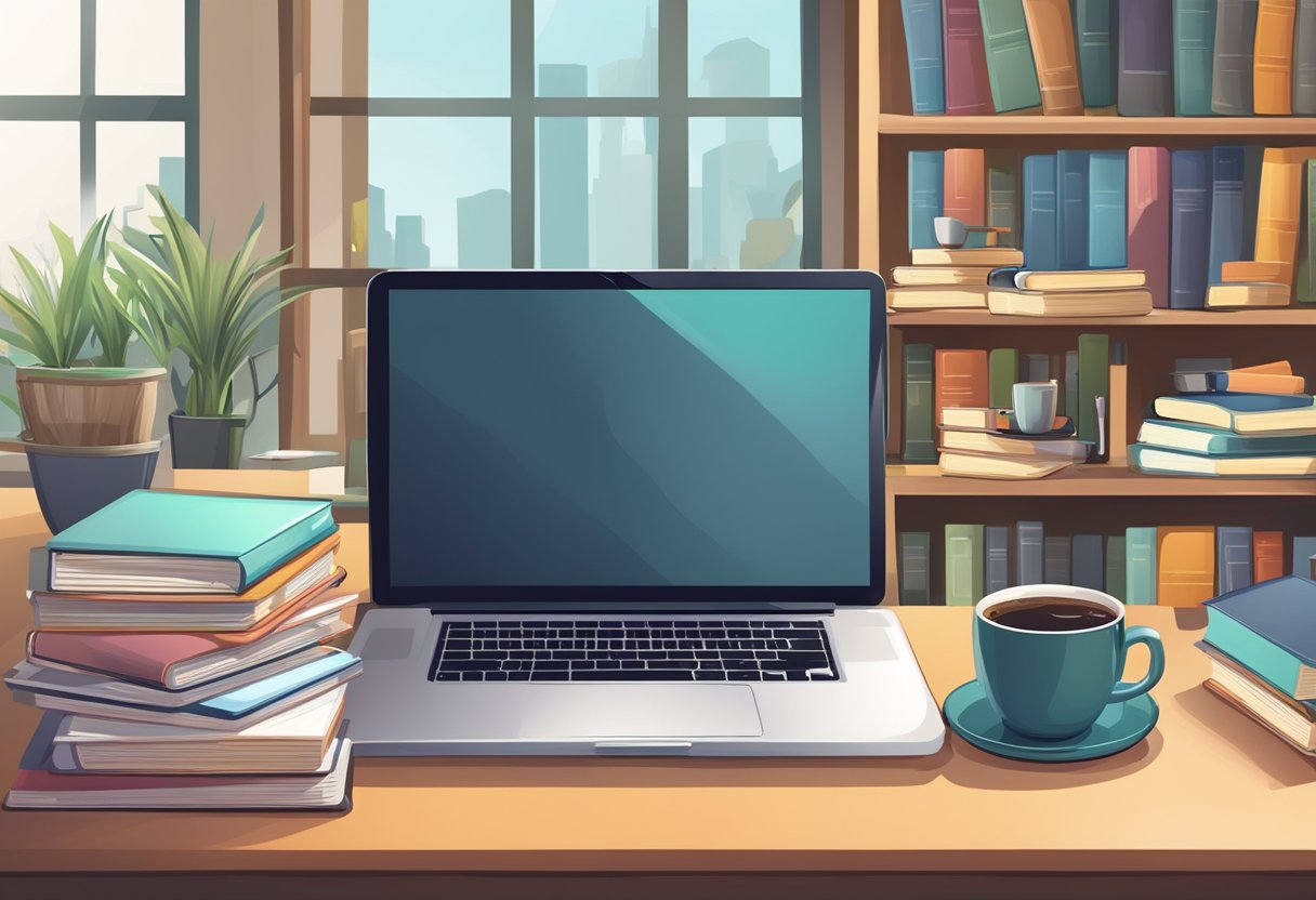 A cluttered desk with a laptop, notebook, and pen. A bookshelf filled with writing guides and dictionaries. A cozy chair and a steaming cup of coffee