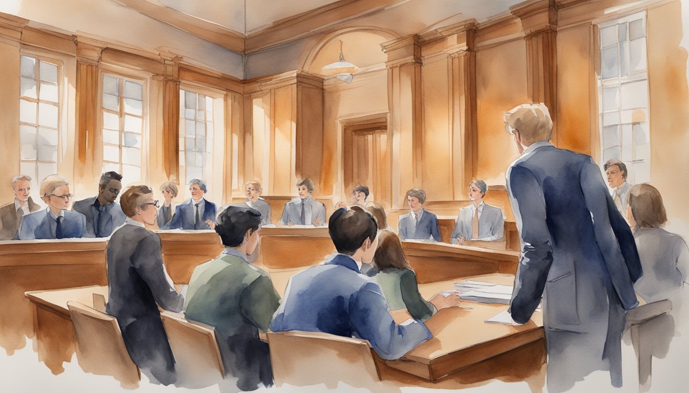 A group of students engage in a heated debate in a courtroom setting, presenting arguments and counterarguments on the benefits of attending an accredited law school