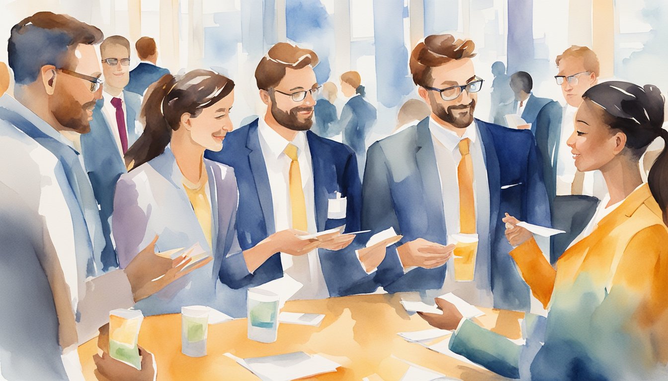 A group of professionals engage in lively discussions at a prestigious business school event, exchanging business cards and making connections.</p><p>The atmosphere is vibrant and dynamic, with people networking and building relationships