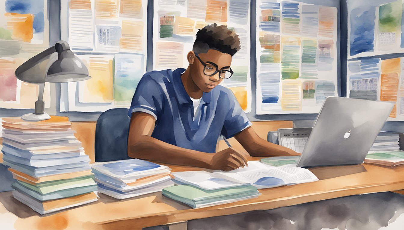 A high school junior sits at a desk surrounded by college brochures and a laptop, researching scholarship opportunities.</p><p>A calendar on the wall marks important dates