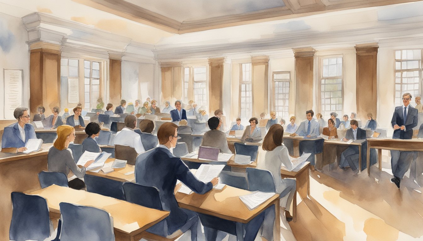 A law school classroom filled with engaged students, professors leading discussions, and walls adorned with accreditation certificates and academic accolades