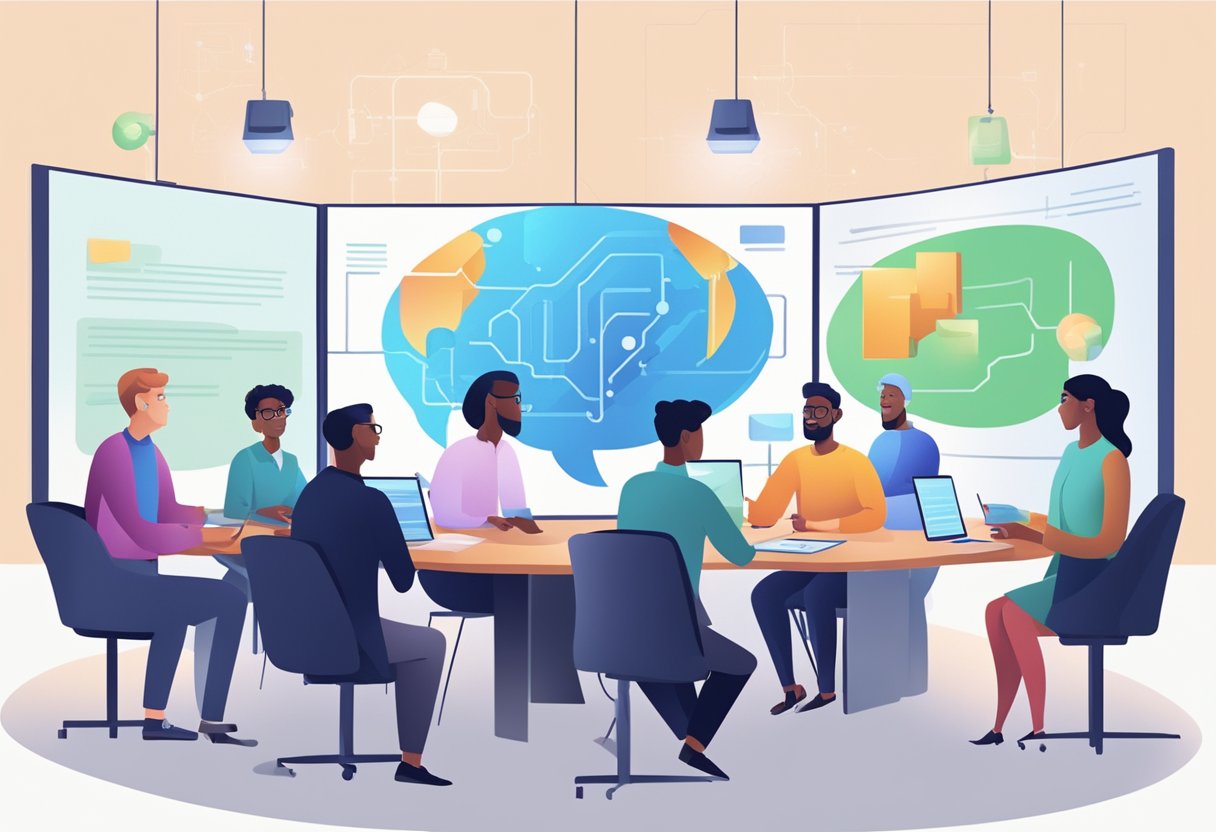 A group of diverse individuals engage in lively discussion around a virtual discussion board, exchanging ideas and best practices in the field of artificial intelligence