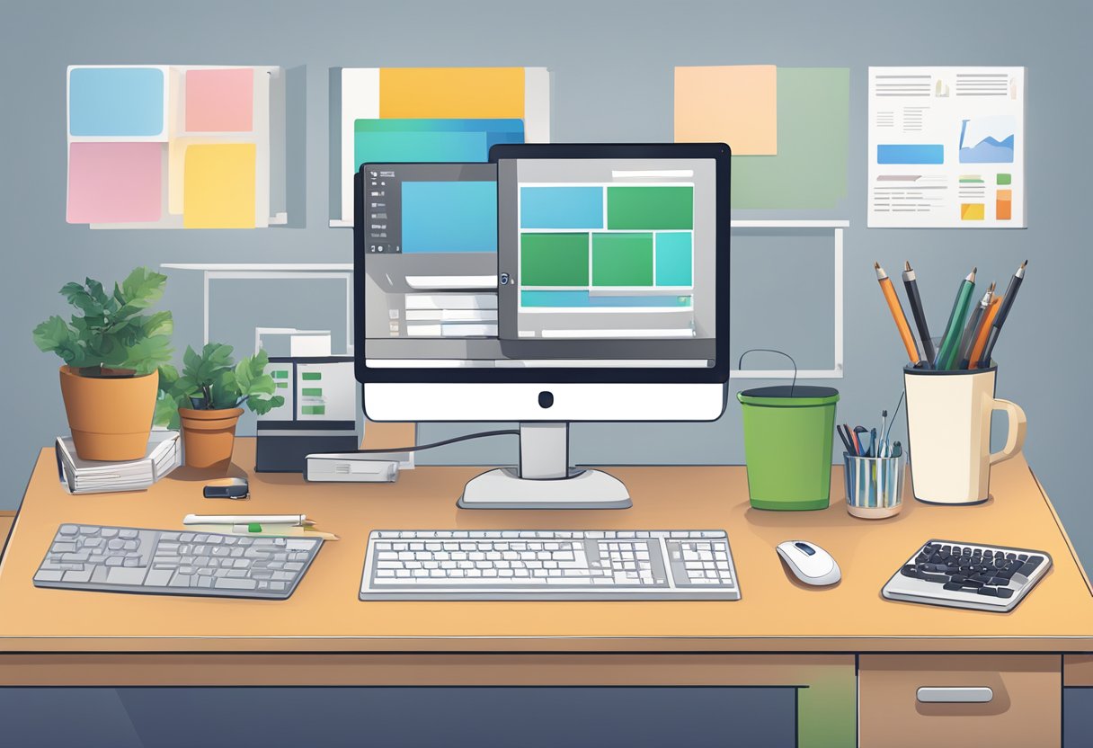 A desk with a computer, keyboard, and mouse. A variety of accessibility tools like screen readers and magnifiers are visible on the desk