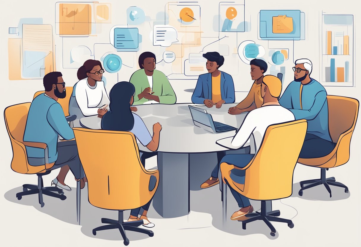 A group of diverse individuals engage in lively conversation around a virtual discussion board, exchanging ideas and insights