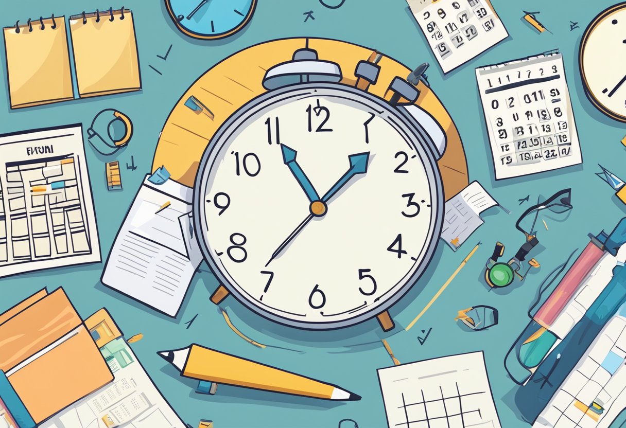 A clock with multiple hands pointing to different tasks on a to-do list, surrounded by a calendar and a stopwatch