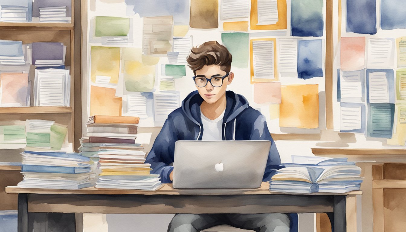 A high school junior sits at a desk surrounded by college brochures, a laptop, and a notebook.</p><p>They are actively researching potential colleges, making notes, and comparing different options