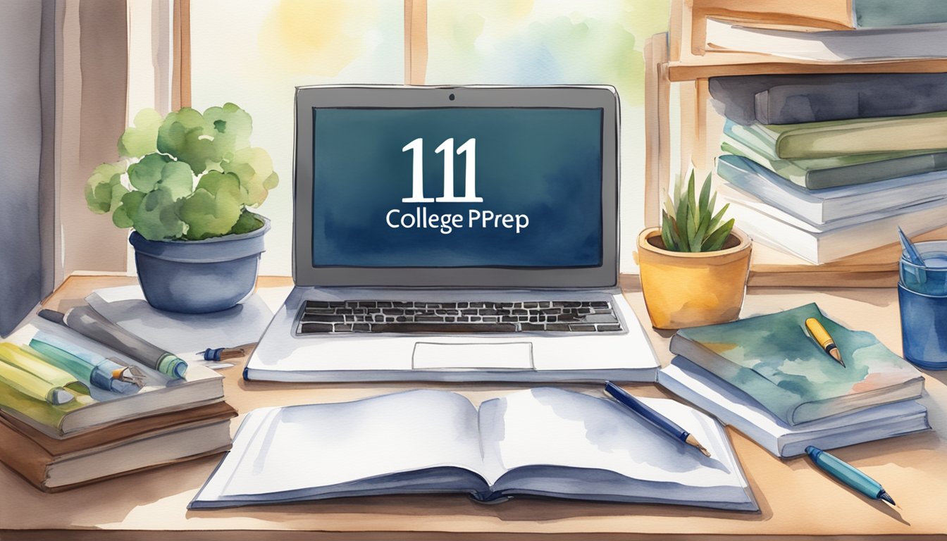 A desk with a computer displaying top college prep courses.</p><p>A notebook with the title "11 Best College Prep Courses Online" lies open next to it