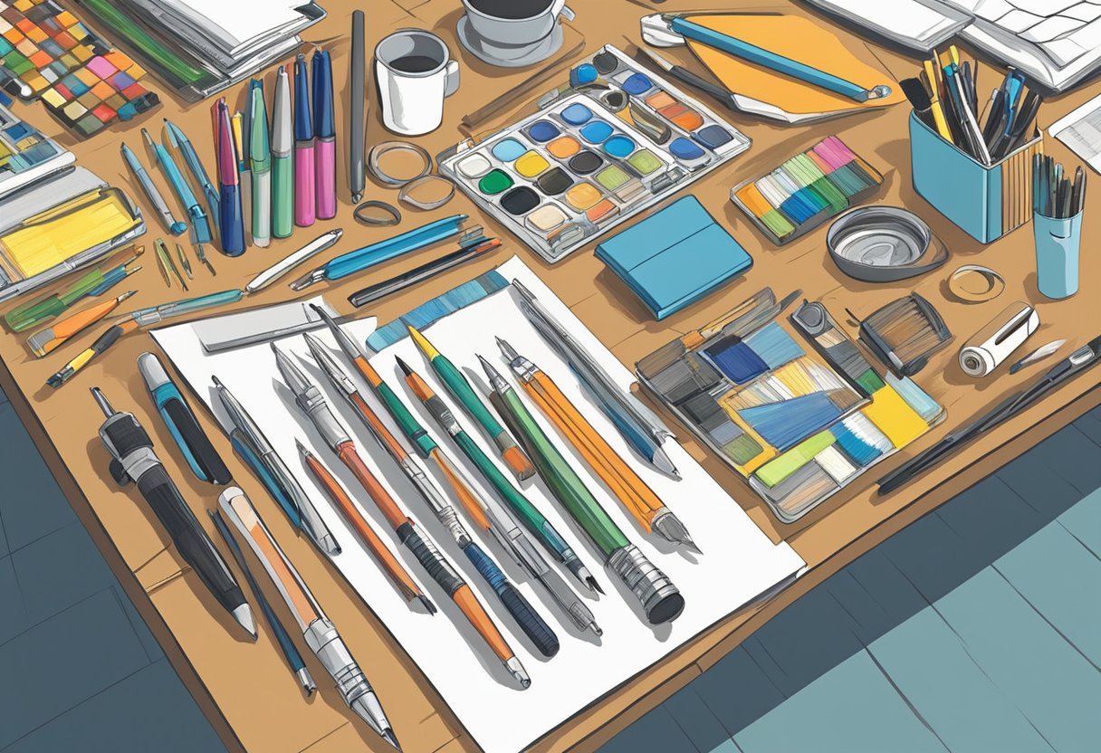 A table with various tools spread out, including pens, pencils, markers, and brushes. A person is seen carefully selecting the right tool for their specific needs