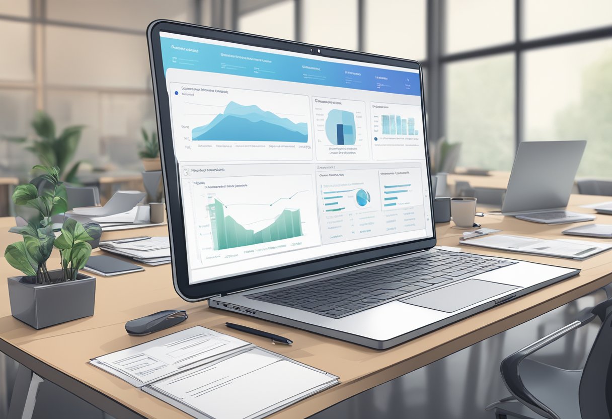 A laptop open on a desk, with a discussion board interface displayed. Various case studies and applications listed on the screen