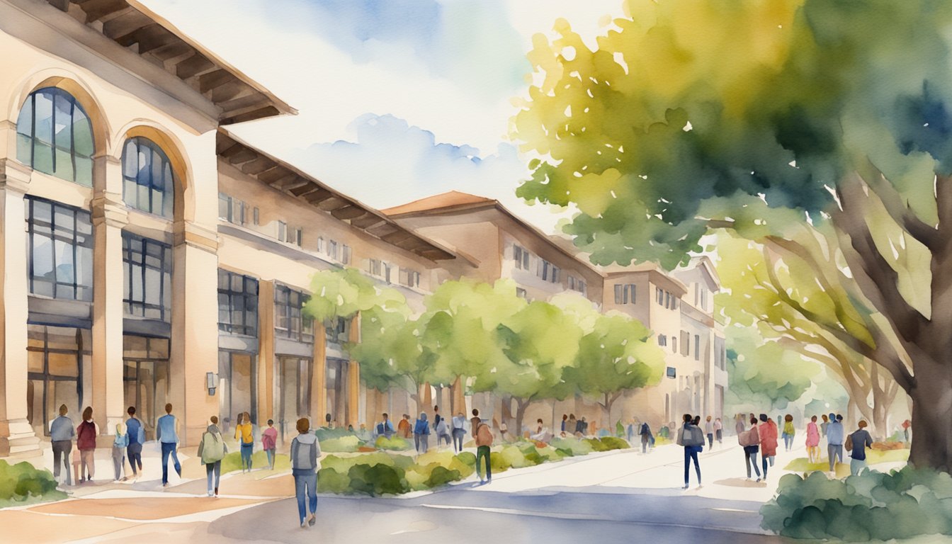 A bustling campus with diverse online college buildings and vibrant student support centers at Stanford University