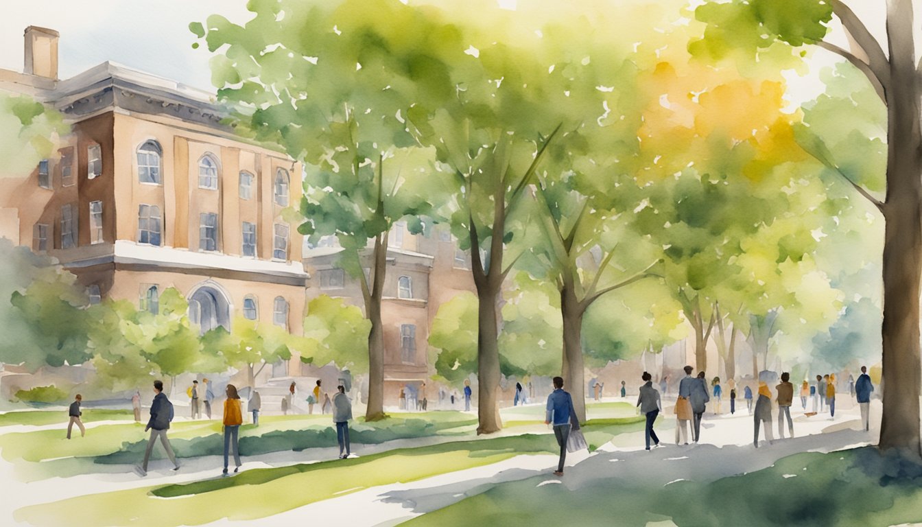 A bustling campus with leafy trees and modern buildings, students engaged in environmental research, and a vibrant atmosphere at Brown University