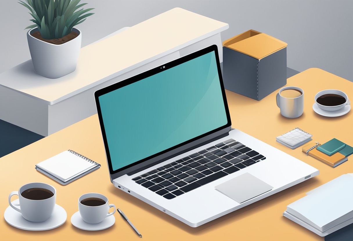 A laptop open on a desk, with a screen displaying a discussion board interface. A cup of coffee and a notepad with a pen are nearby