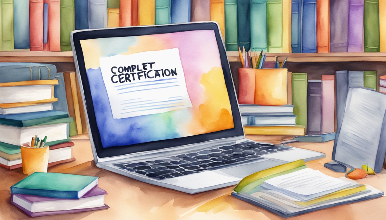 A laptop displaying "Udemy: Complete Teacher Certification Courses" surrounded by books and a certificate