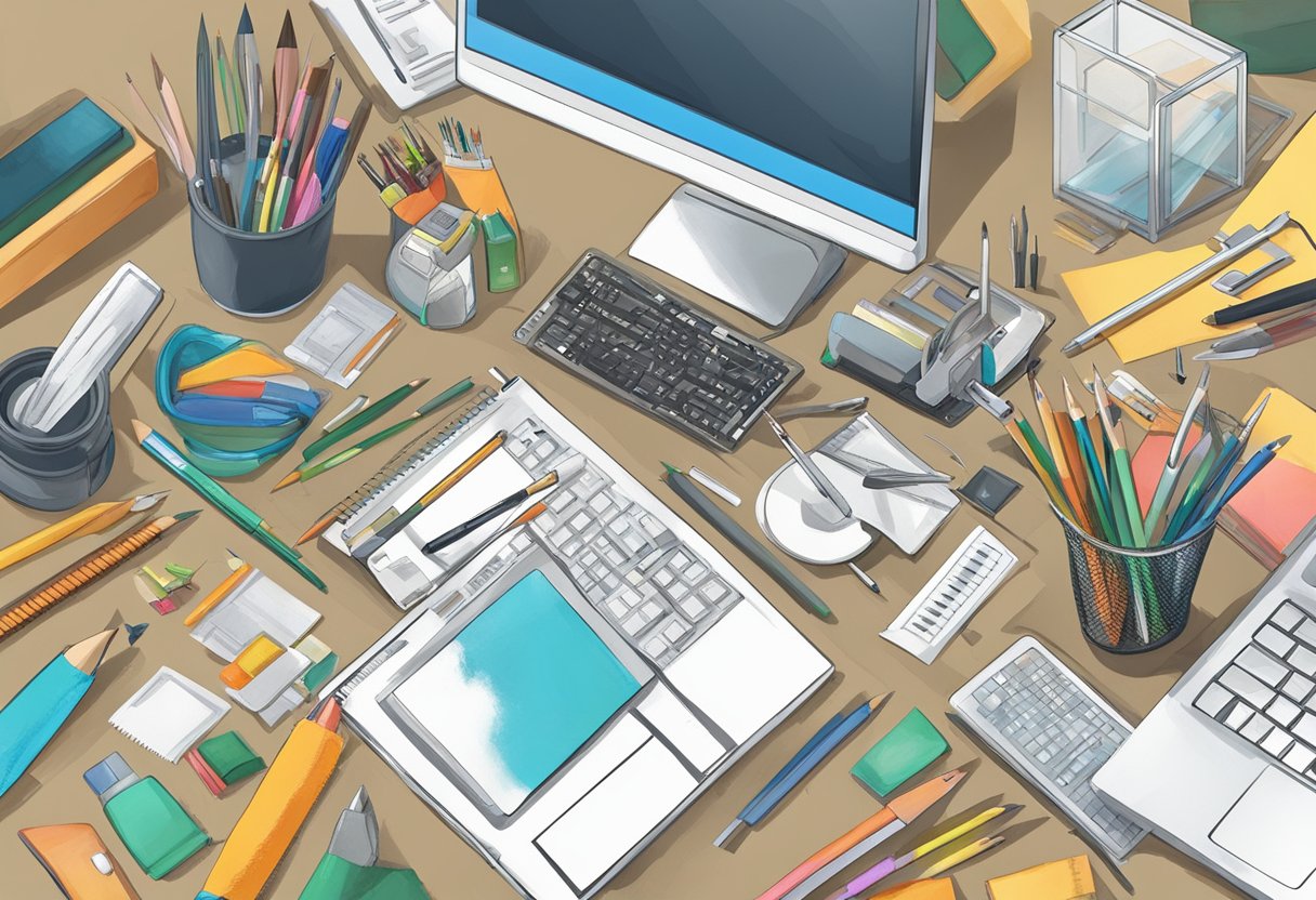 A hand reaches for a variety of tools, including pencils, pens, and brushes, laid out on a table. A computer screen displays a discussion board titled "Choosing the Right Tool for Your Needs."