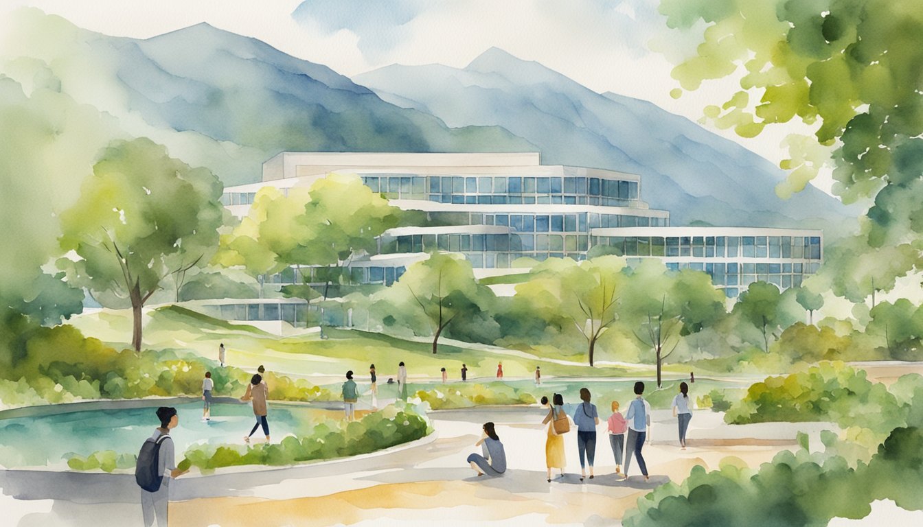 A lush campus with modern buildings and green spaces, surrounded by mountains and water, with students engaged in environmental research and activities