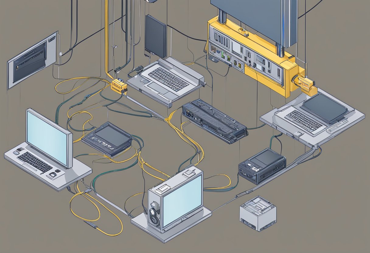 A generator hums, connected to a discussion board. Cables snake across the floor, plugging into various devices. The potential for communication and collaboration is palpable